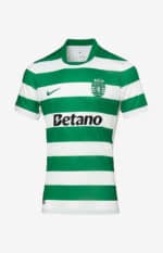 Sporting Lisbon 2025/26 home football jersey with green and white horizontal stripes.