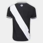 Black and white football jersey with diagonal stripe, short sleeves, and team logo.