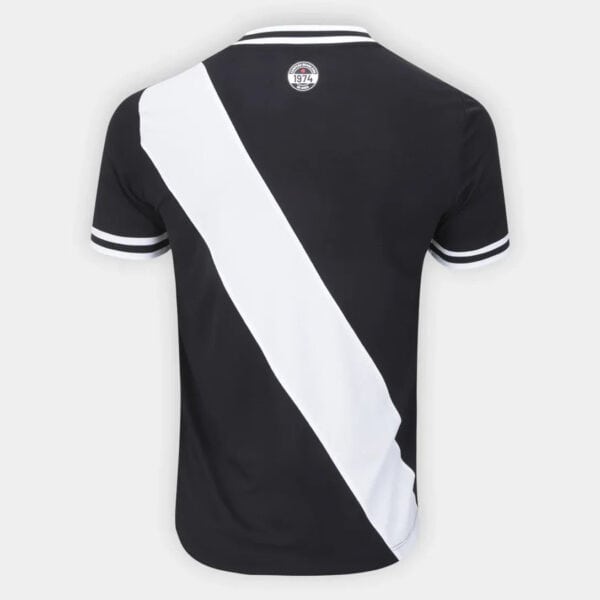 Black and white football jersey with diagonal stripe, short sleeves, and team logo.