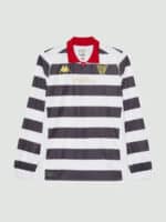 Venezia FC football jersey with black and white horizontal stripes, red collar, and team logos.