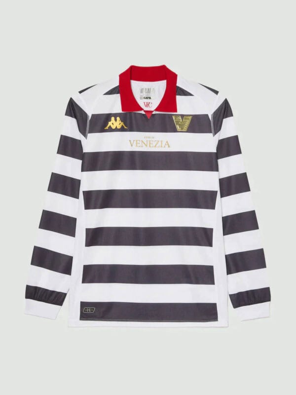Venezia FC football jersey with black and white horizontal stripes, red collar, and team logos.