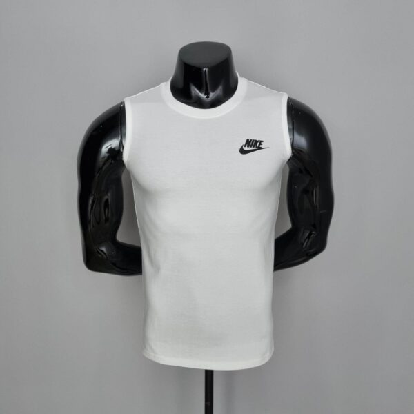 White Nike sleeveless athletic shirt with black logo, perfect for sports.