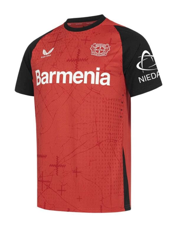 Authentic Bayer Leverkusen football jersey for 2024/25 season, featuring team logo and sponsor.