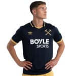 Navy blue football jersey with Boyle Sports logo, gold details, and sports branding.