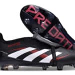Adidas Predator Elite 24 FG black, white, and red soccer cleats for firm ground play. Perfect for pr.