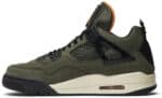 Undefeated x Air Jordan 4 Retro in military green with orange accents, iconic design, and premium ma.