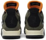 Undefeated Air Jordan 4 Retro sneakers with black, olive green, and orange accents. Authentic basket.