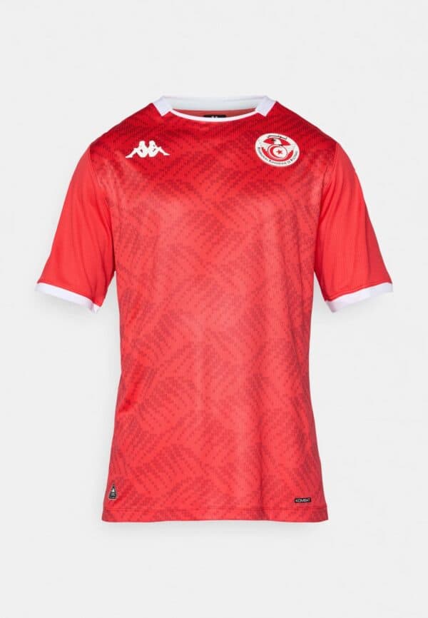 Tunisia national football team red jersey with white accents and team logo.