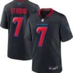 Black Houston Texans CJ Stroud #7 jersey set, front and back views, with red trim, blue-red number seven, and 'H-TOWN' on the chest.