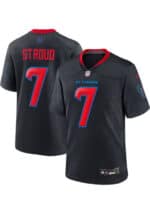 Black Houston Texans CJ Stroud #7 jersey set, front and back views, with red trim, blue-red number seven, and 'H-TOWN' on the chest.