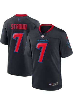 Black Houston Texans CJ Stroud #7 jersey set, front and back views, with red trim, blue-red number seven, and 'H-TOWN' on the chest.