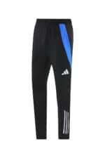 Athletic black track pants with blue stripes and Adidas logo, perfect for sports and casual wear.