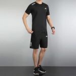 Adidas men's sports set with black t-shirt and shorts, 4 color options, athletic casual wear.