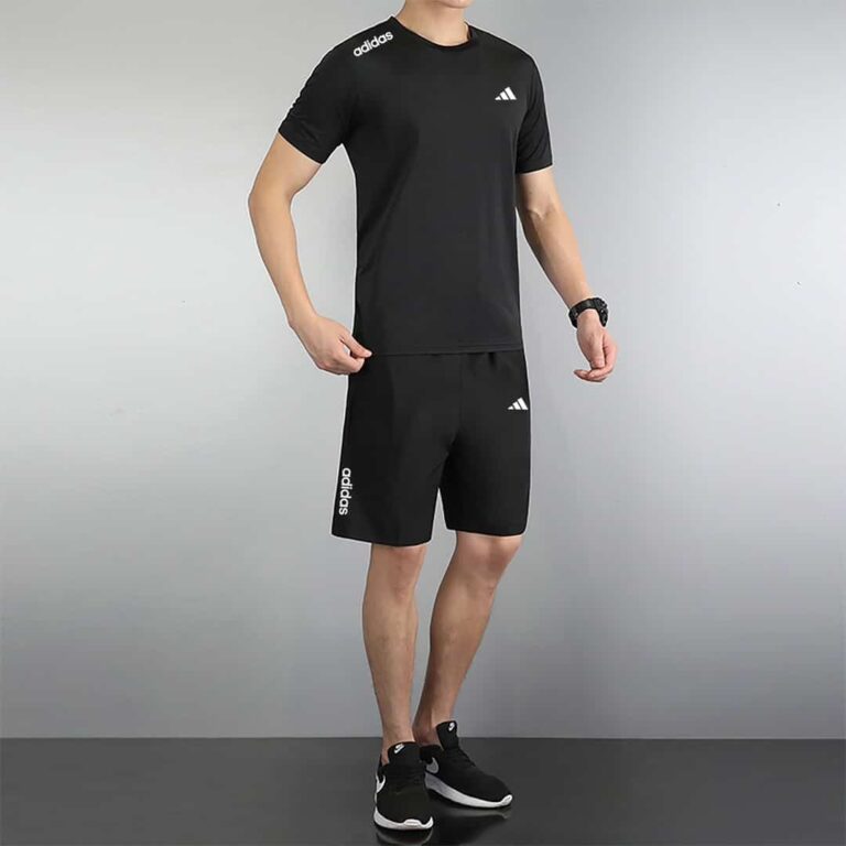 Adidas men's sports set with black t-shirt and shorts, 4 color options, athletic casual wear.