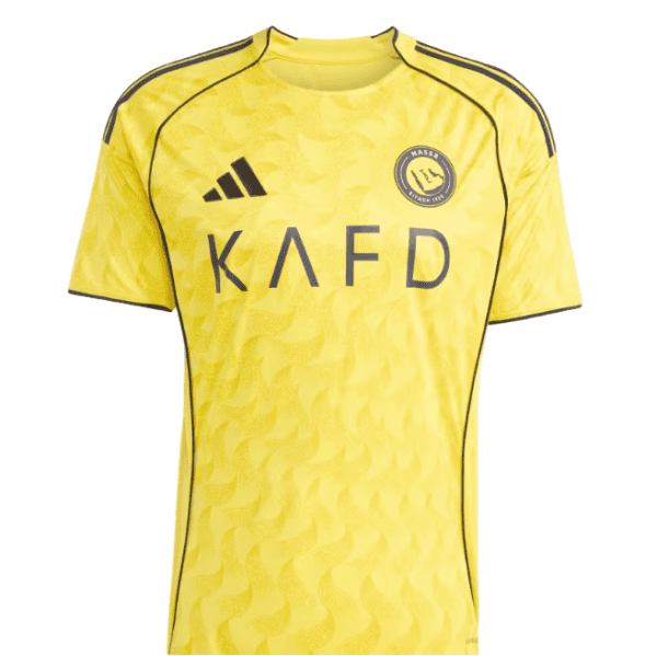 AL Nassr home jersey 2025/26, yellow football kit with black details, perfect for fans and athletes.