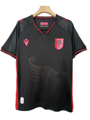 Albania national football team third jersey 2025/26, black with red accents and eagle emblem.