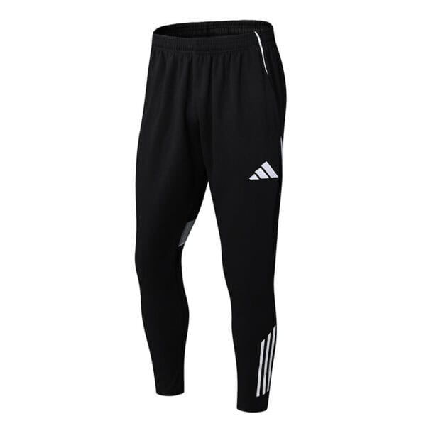 Black Adidas sports pants with white logo and stripe details.