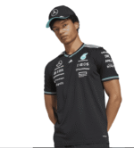 Mercedes 2025 black team shirt with sponsor logos and sleek design. Perfect for football fans and sp.