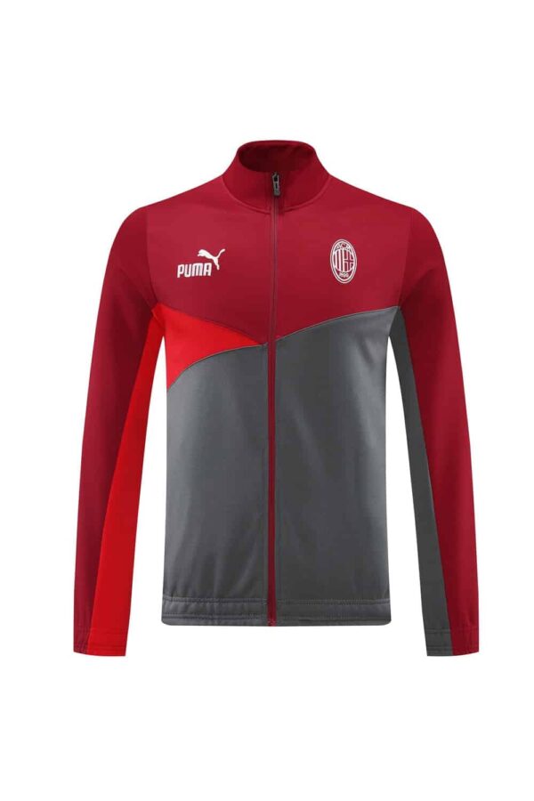 Pre-Match AC Milan jacket with Puma logo, red and gray design, for fans and players.