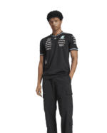 Mercedes 2025 black team football shirt with sponsor logos and team branding.