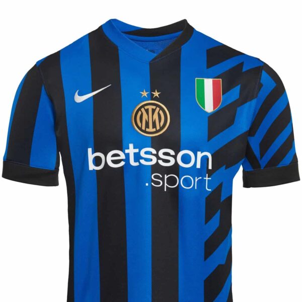 Inter Milan 2024/25 home football jersey with blue and black stripes, official club crest, Nike logo.