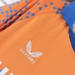 Official Rangers FC third football jersey 2024/25 season, orange with blue accents, lightweight and.