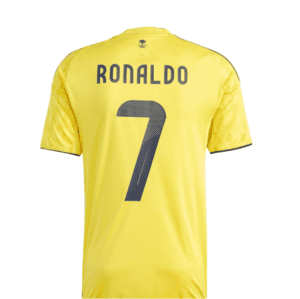 AL Nassr Ronaldo 2025/26 home football jersey, yellow with black accents.