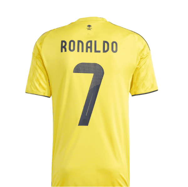 AL Nassr Ronaldo 2025/26 home football jersey, yellow with black accents.