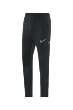 Black Nike Dri-Fit tracksuit pants with white swoosh logo, lightweight and breathable for sports and.