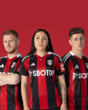Fulham FC away football jersey 2024/25 with black and red stripes, official club logo, and sponsor b.