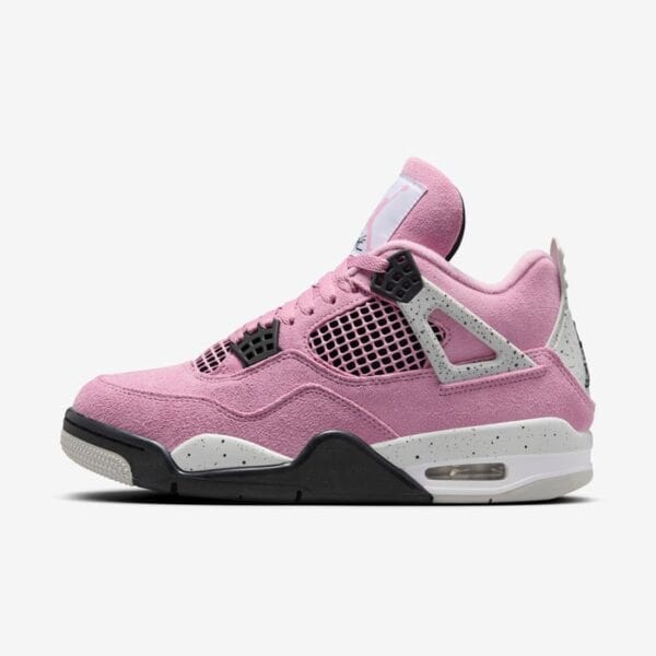 Pink Air Jordan 4 Orchid basketball shoes with black and white accents.