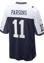 Micah Parsons Dallas Cowboys navy blue throwback football jersey with number 11 and team name on bac.