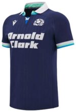 Scotland home football jersey 2025, authentic Macron design, navy blue with white and turquoise acce.