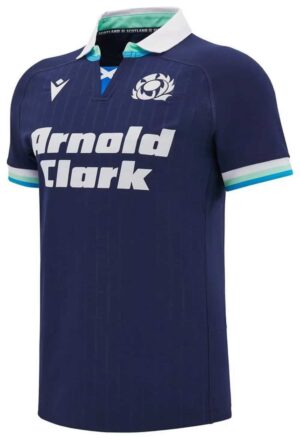 Scotland home football jersey 2025, authentic Macron design, navy blue with white and turquoise acce.