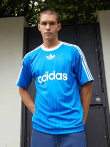 Adidas Adicolor blue sports T-shirt with iconic logo and stripes, perfect for casual and athletic we.