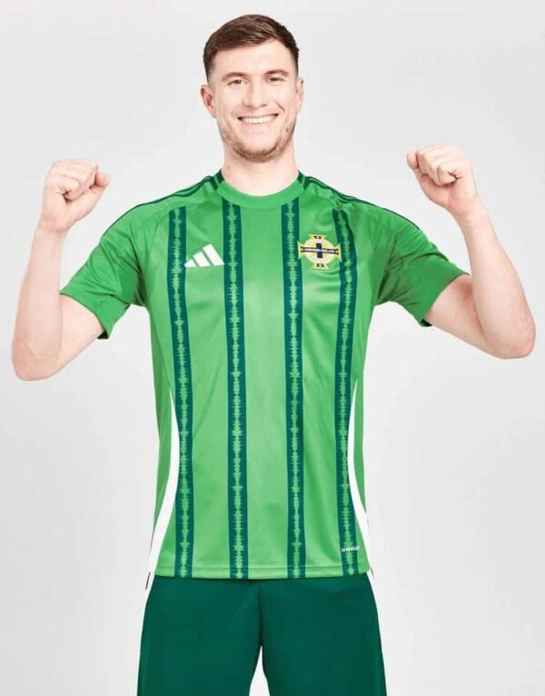 Northern Ireland 2023/24 home football jersey, green with vertical stripes, official team crest and.