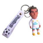 Cristiano Ronaldo keychain featuring a miniature figure in Real Madrid kit, perfect for football fan.