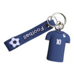 Keychain featuring a miniature football jersey and soccer ball for football fans and players.