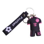 Mini football jersey keychain with pink and black colors, featuring a small football emblem and the.