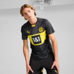 Authentic Borussia Dortmund away football jersey 2024/25 season. Black with yellow accents, featurin.
