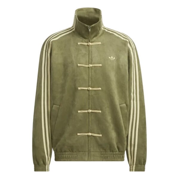 Unisex olive green Adidas casual jacket with signature stripes and toggle closures.
