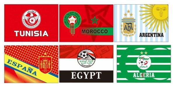 Flags of Tunisia, Morocco, Argentina, Spain, Egypt, and Algeria representing national soccer teams.