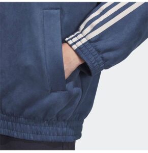 Unisex Dark Blue adidas Chinese Limited Edition casual jacket with striped sleeves, perfect for spor.