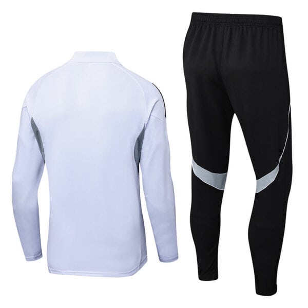 Adidas white sports tracksuit with black and gray accents for men.