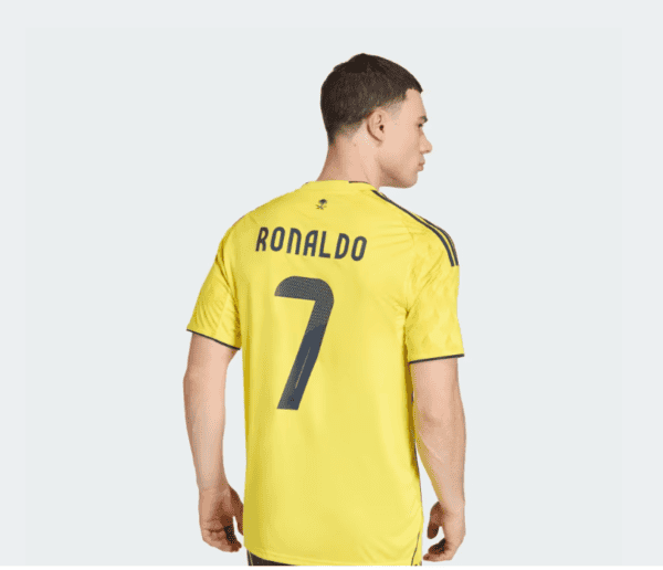 Cristiano Ronaldo AL Nassr home jersey 2025/26, yellow football kit with player name and number.