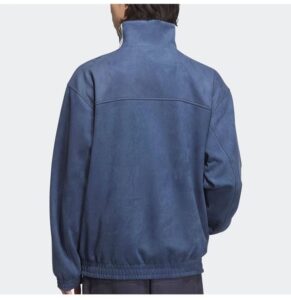 Unisex dark blue casual jacket with high collar, stylish design, perfect for everyday wear.