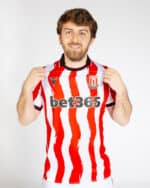 Authentic Stoke City home football jersey 2025/26 with red and white stripes.