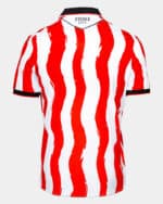 Stoke City home football jersey 2025/26 with red and white vertical stripes.