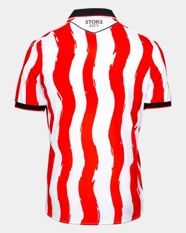 Stoke City home football jersey 2025/26 with red and white vertical stripes.