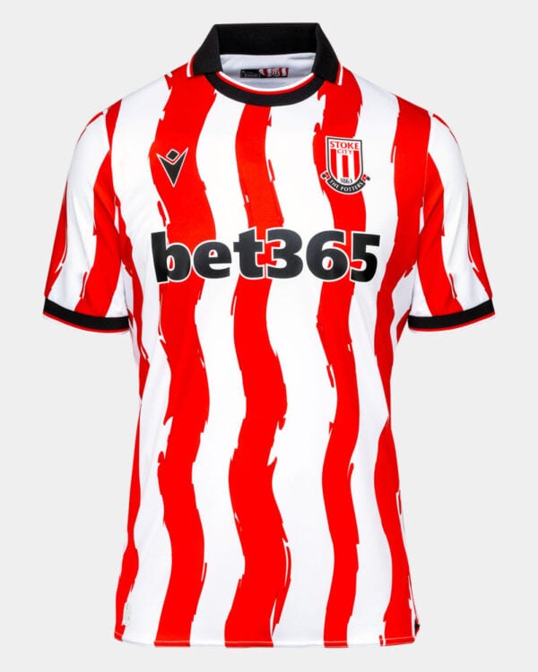 Stoke City 2025/26 home football jersey with red and white stripes, featuring bet365 sponsor and clu.